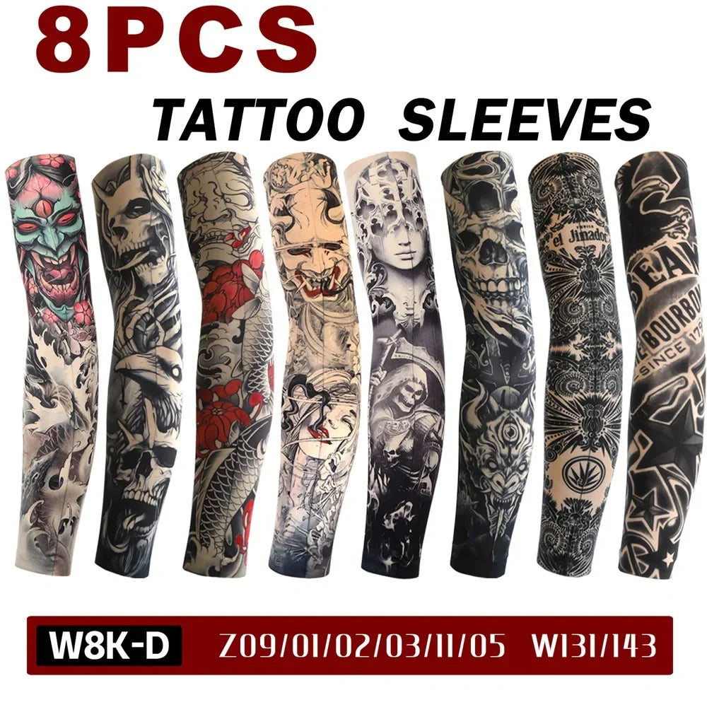 8 PCS Tattoo Sleeves Unisex Summer Cycling Sun Protection Arm Covers Beach Driving Fishing Breathable Nightclub Elastic Sleeves