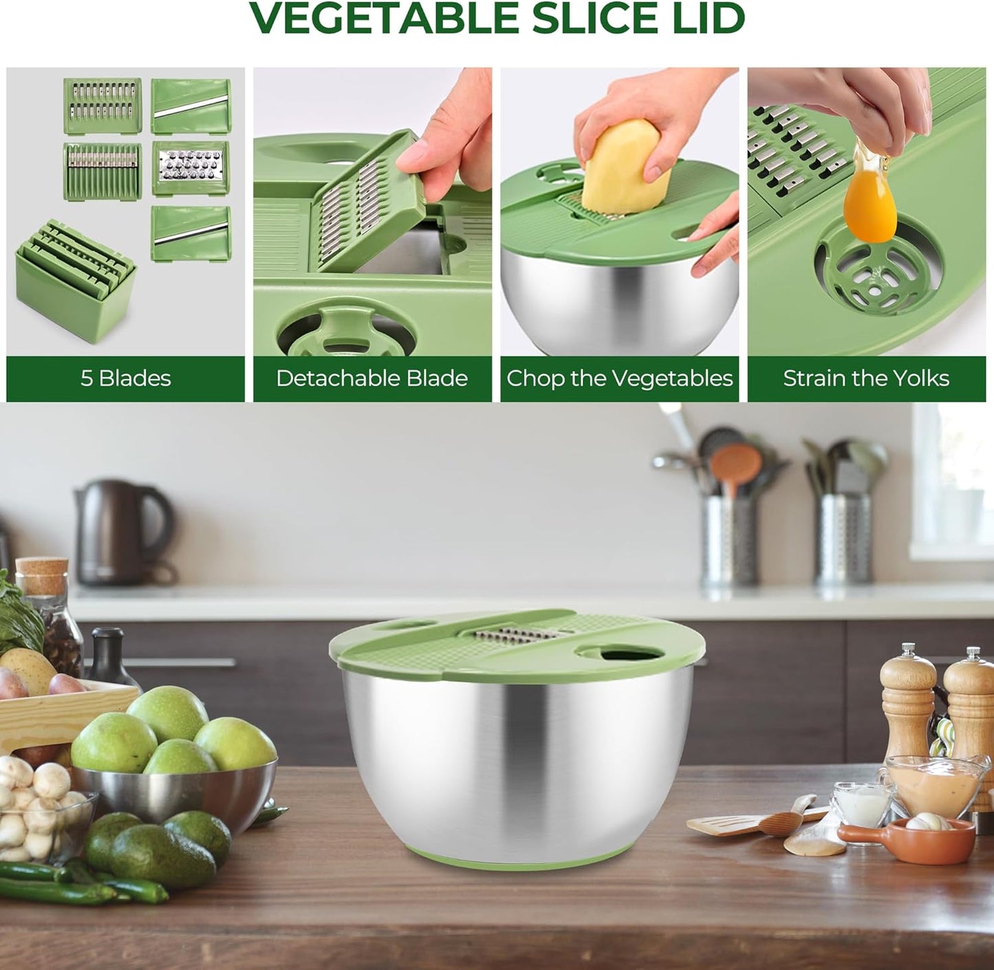 Stainless Steel Salad Spinner Large, Vegetables Wash Bowl, Fruits & Herb Lettuce Dryer with 5 Blade Slicer Egg Yolk Strainer Shredder for Efficient Salad Preparation and Food Washing, 4.25Qt