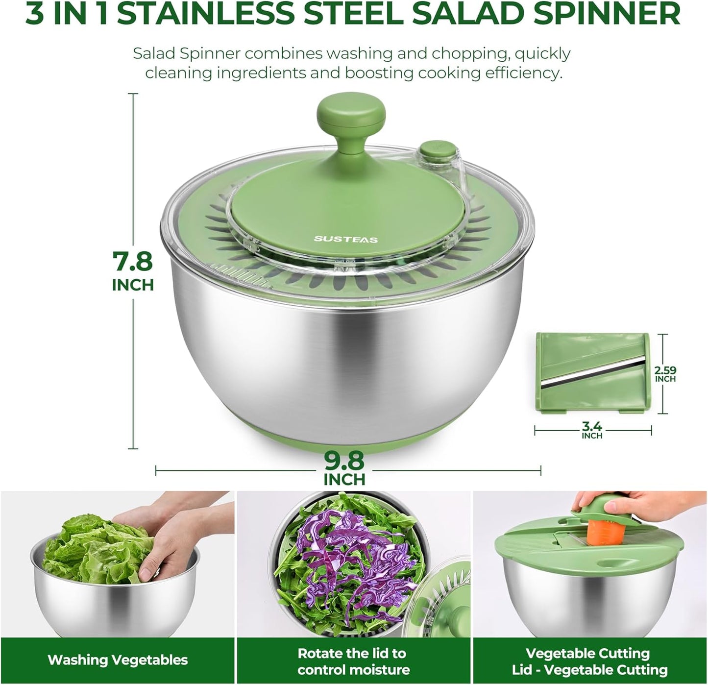 Stainless Steel Salad Spinner Large, Vegetables Wash Bowl, Fruits & Herb Lettuce Dryer with 5 Blade Slicer Egg Yolk Strainer Shredder for Efficient Salad Preparation and Food Washing, 4.25Qt