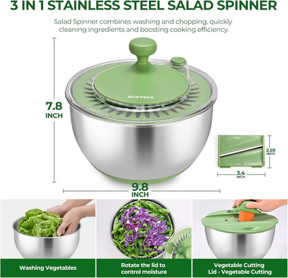 Stainless Steel Salad Spinner Large, Vegetables Wash Bowl, Fruits & Herb Lettuce Dryer with 5 Blade Slicer Egg Yolk Strainer Shredder for Efficient Salad Preparation and Food Washing, 4.25Qt