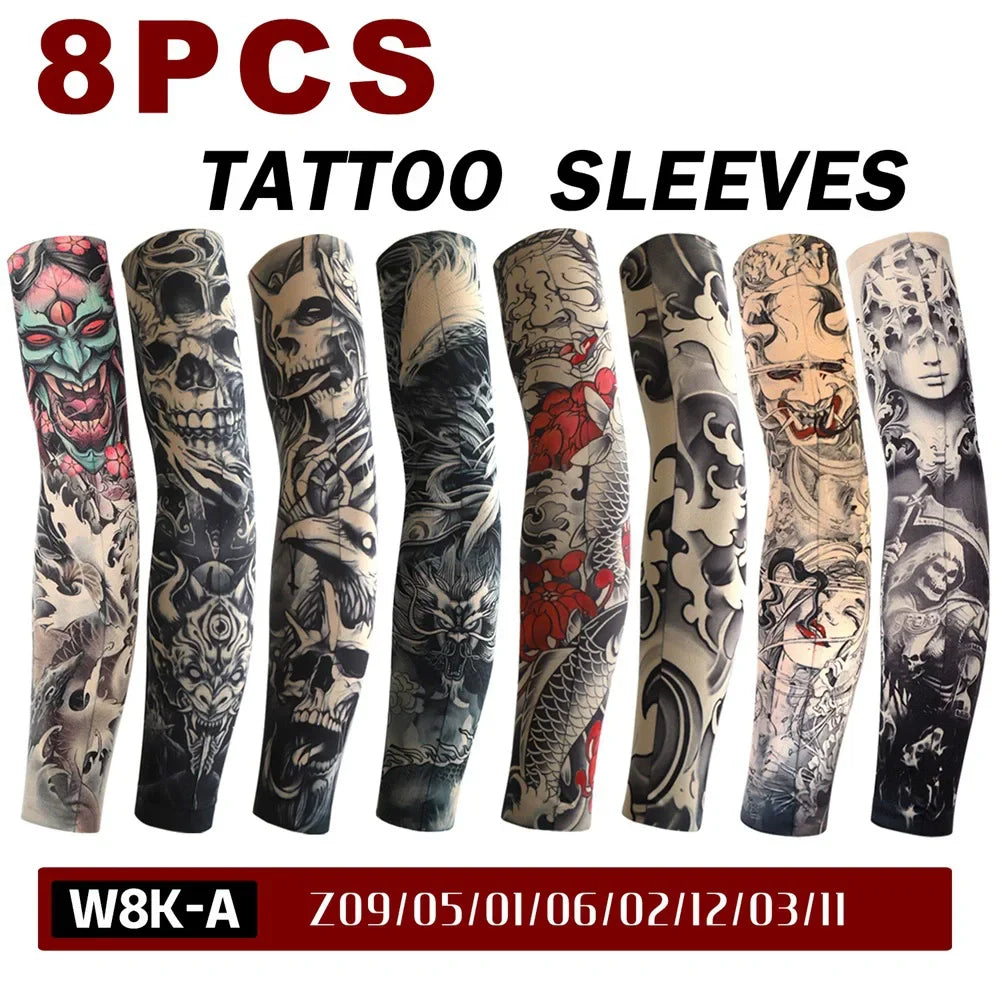 8 PCS Tattoo Sleeves Unisex Summer Cycling Sun Protection Arm Covers Beach Driving Fishing Breathable Nightclub Elastic Sleeves