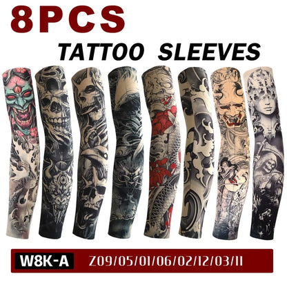 8 PCS Tattoo Sleeves Unisex Summer Cycling Sun Protection Arm Covers Beach Driving Fishing Breathable Nightclub Elastic Sleeves