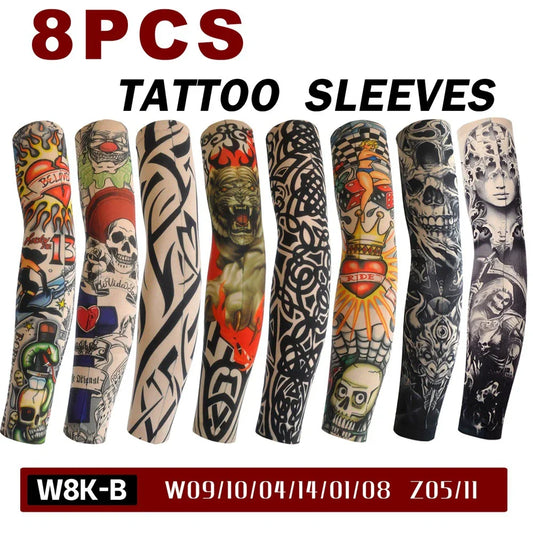 8 PCS Tattoo Sleeves Unisex Summer Cycling Sun Protection Arm Covers Beach Driving Fishing Breathable Nightclub Elastic Sleeves