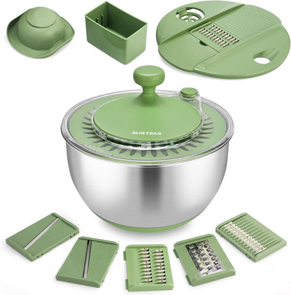 Stainless Steel Salad Spinner Large, Vegetables Wash Bowl, Fruits & Herb Lettuce Dryer with 5 Blade Slicer Egg Yolk Strainer Shredder for Efficient Salad Preparation and Food Washing, 4.25Qt