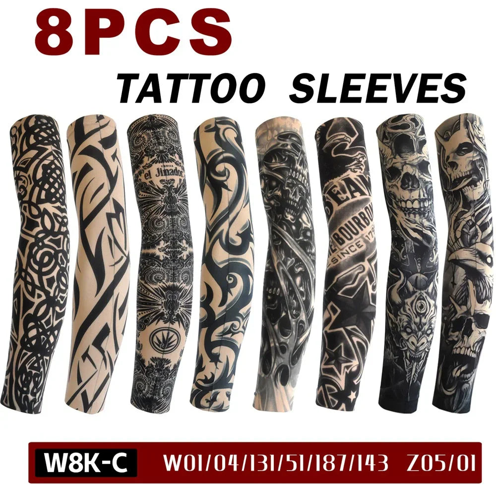 8 PCS Tattoo Sleeves Unisex Summer Cycling Sun Protection Arm Covers Beach Driving Fishing Breathable Nightclub Elastic Sleeves