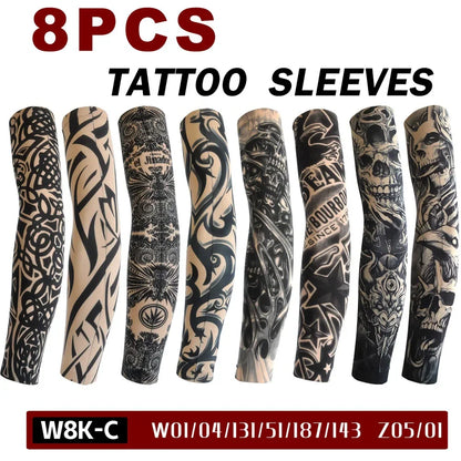 8 PCS Tattoo Sleeves Unisex Summer Cycling Sun Protection Arm Covers Beach Driving Fishing Breathable Nightclub Elastic Sleeves