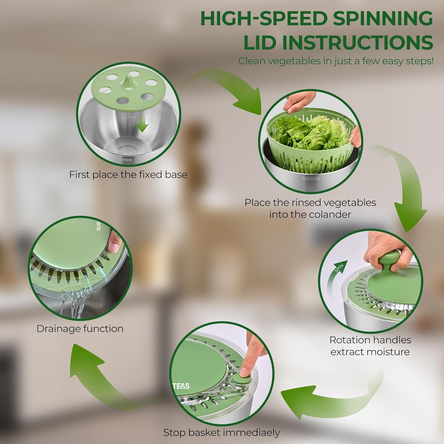 Stainless Steel Salad Spinner Large, Vegetables Wash Bowl, Fruits & Herb Lettuce Dryer with 5 Blade Slicer Egg Yolk Strainer Shredder for Efficient Salad Preparation and Food Washing, 4.25Qt