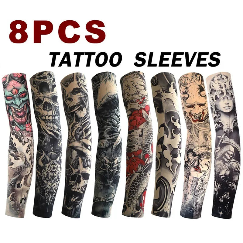 8 PCS Tattoo Sleeves Unisex Summer Cycling Sun Protection Arm Covers Beach Driving Fishing Breathable Nightclub Elastic Sleeves