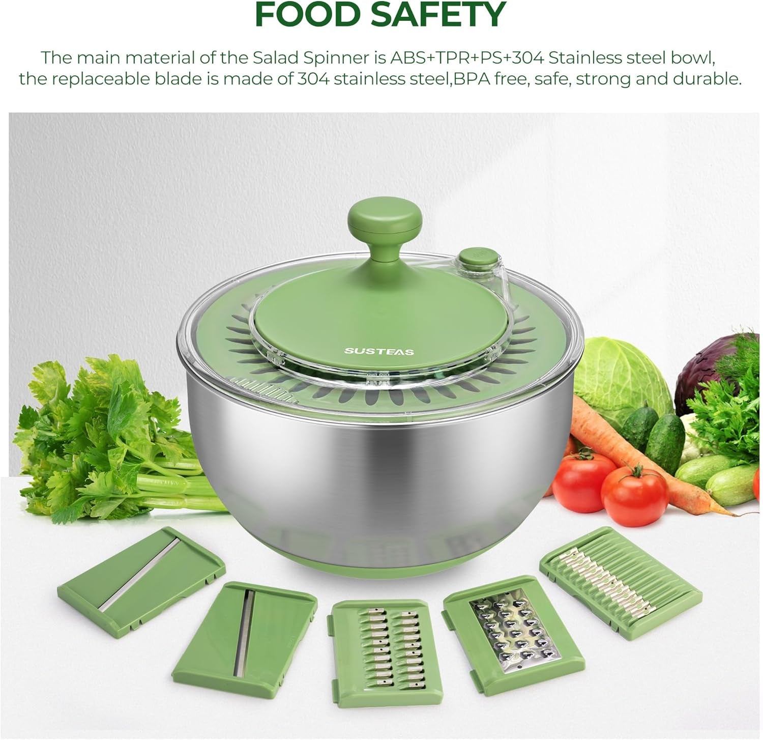 Stainless Steel Salad Spinner Large, Vegetables Wash Bowl, Fruits & Herb Lettuce Dryer with 5 Blade Slicer Egg Yolk Strainer Shredder for Efficient Salad Preparation and Food Washing, 4.25Qt